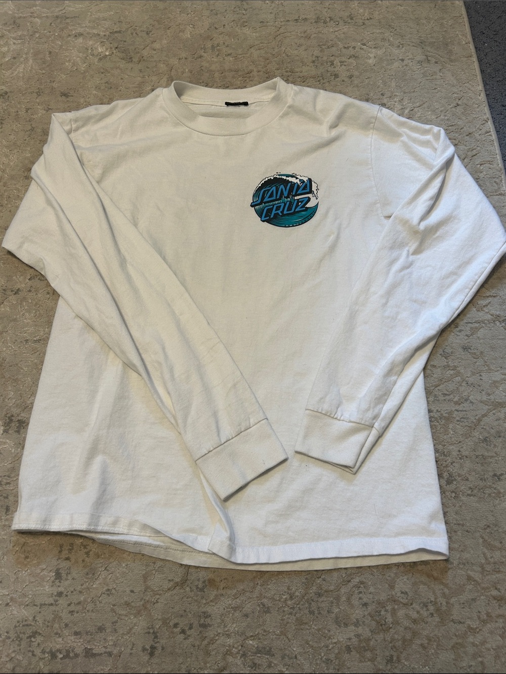 Santa Cruz Skateboards White Long Sleeve Tee with Teal Logo Surfboards